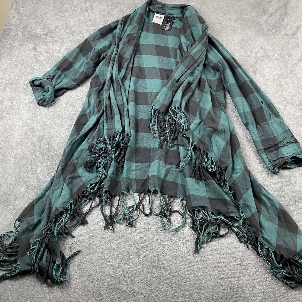 Harley-Davidson Womens XS Cardigan Teal Black Plaid Fringe Roll Tab Sleeve Wrap